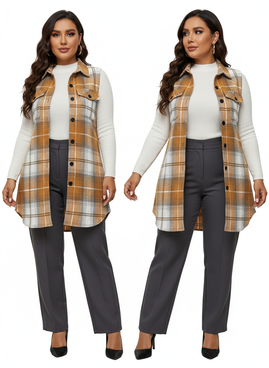 Noya - Mouwloos Geruit Lange Overhemdjas