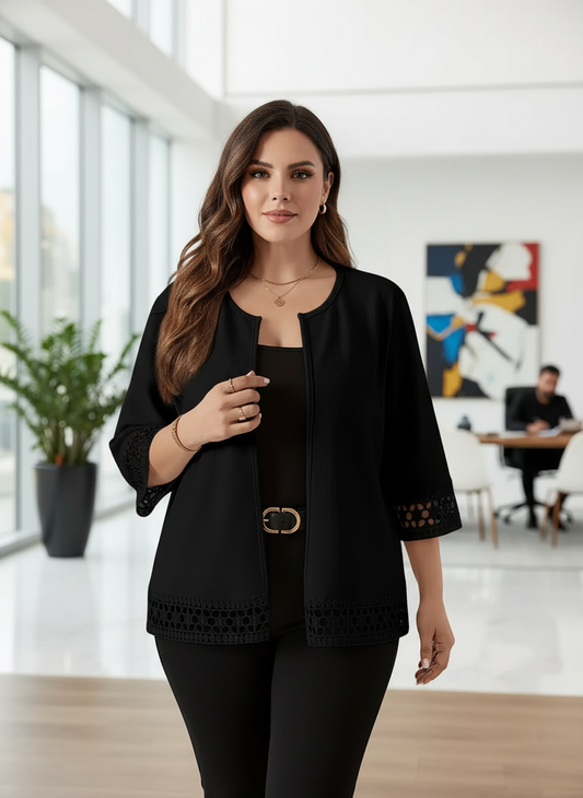Noya - Elegante Zwarte Dames Cardigan met Kantdetails