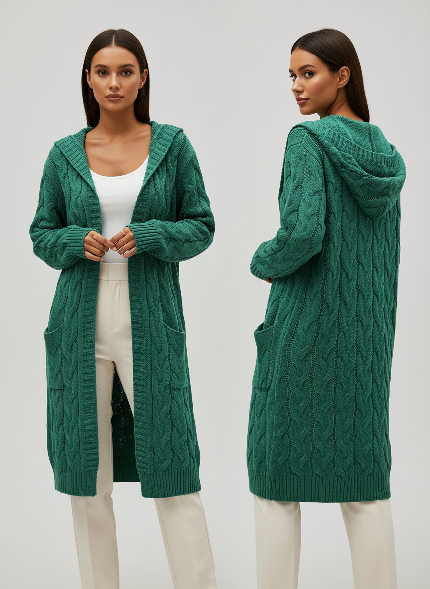 Noya - Lange Gebreide Dames Cardigan met Capuchon en Zakjes