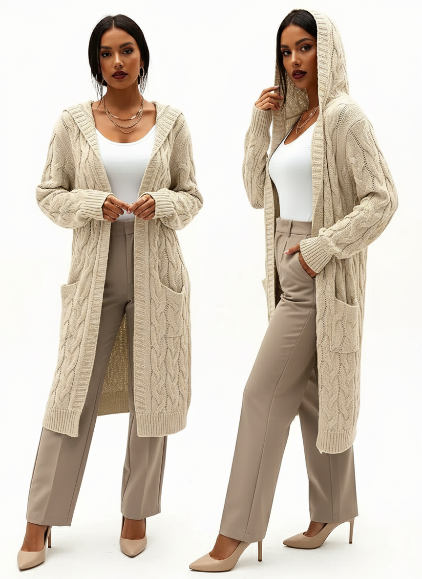 Noya - Lange Gebreide Dames Cardigan met Capuchon en Zakjes