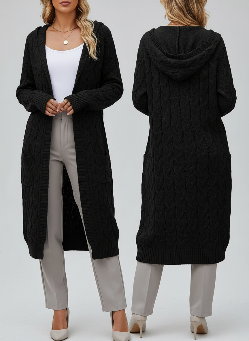 Noya - Lange Gebreide Dames Cardigan met Capuchon en Zakjes
