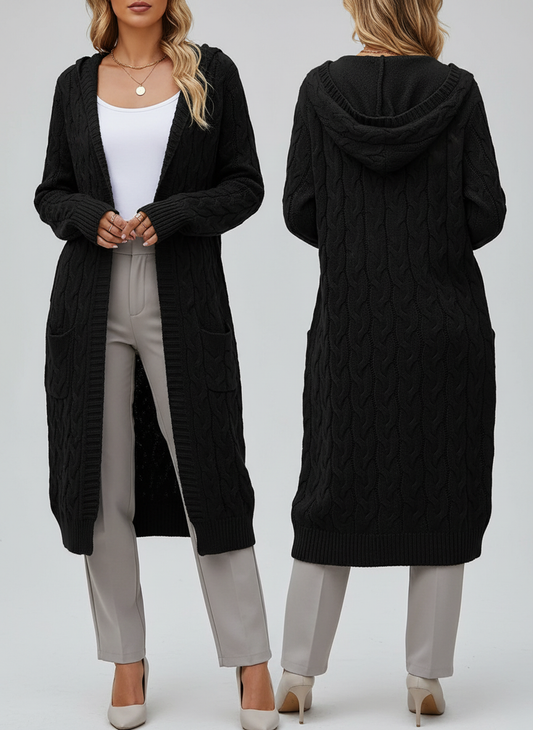 Noya - Lange Gebreide Dames Cardigan met Capuchon en Zakjes