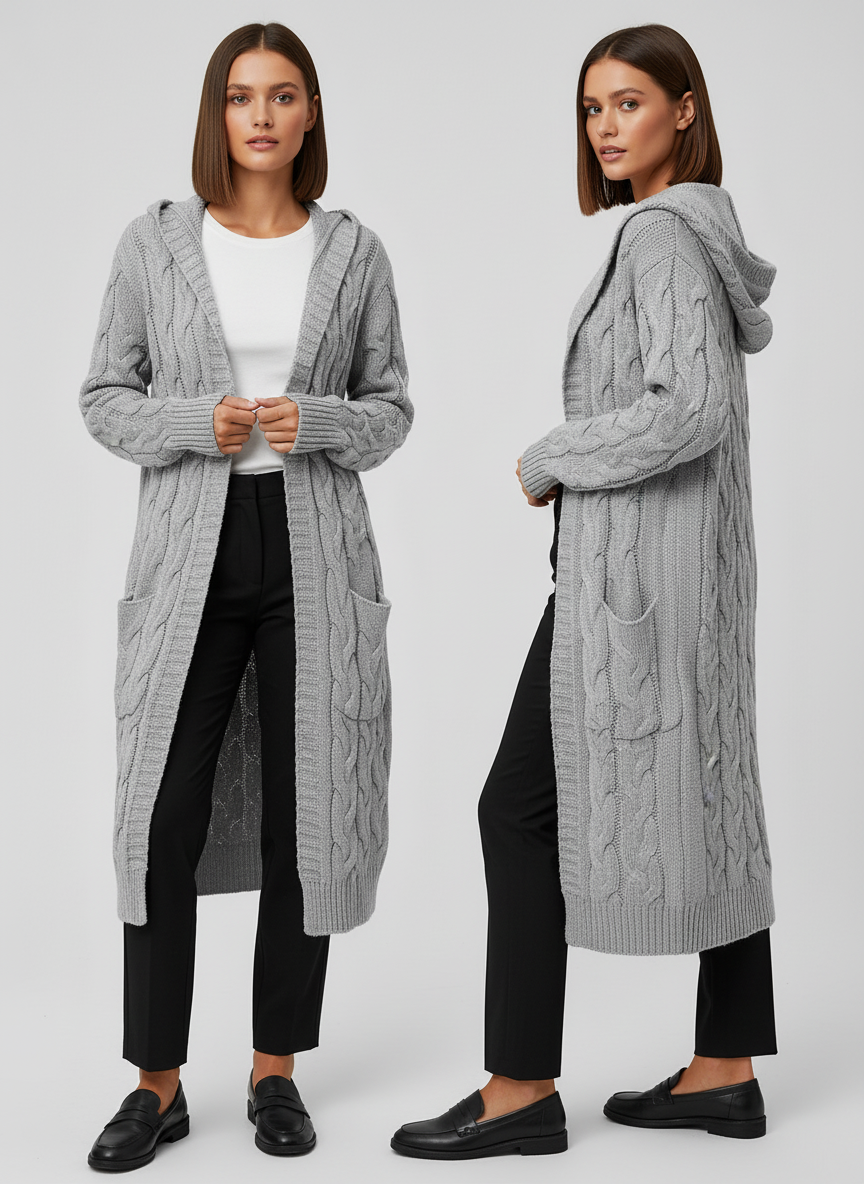 Noya - Lange Gebreide Dames Cardigan met Capuchon en Zakjes
