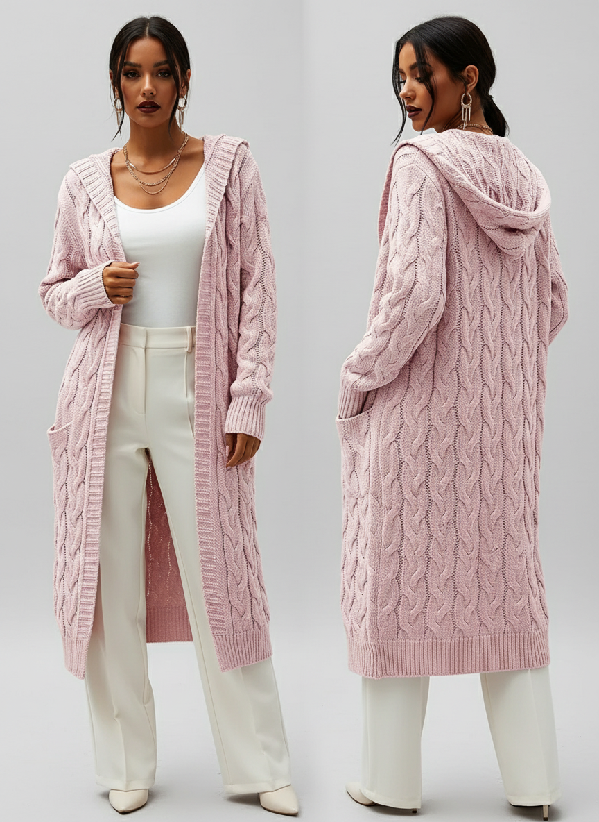 Noya - Lange Gebreide Dames Cardigan met Capuchon en Zakjes