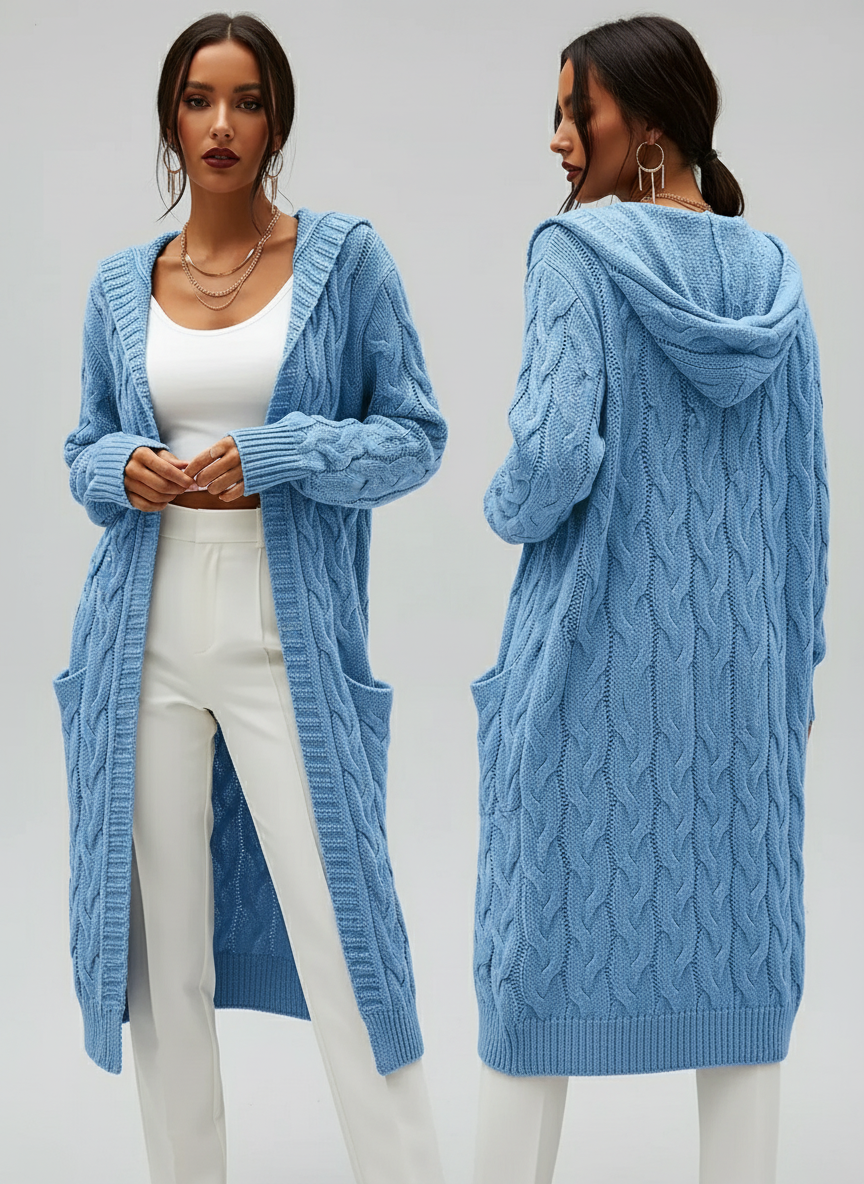 Noya - Lange Gebreide Dames Cardigan met Capuchon en Zakjes