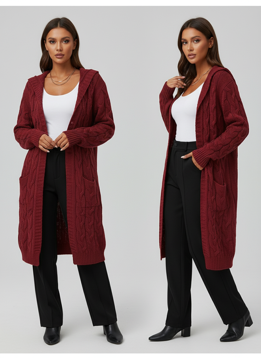 Noya - Lange Gebreide Dames Cardigan met Capuchon en Zakjes