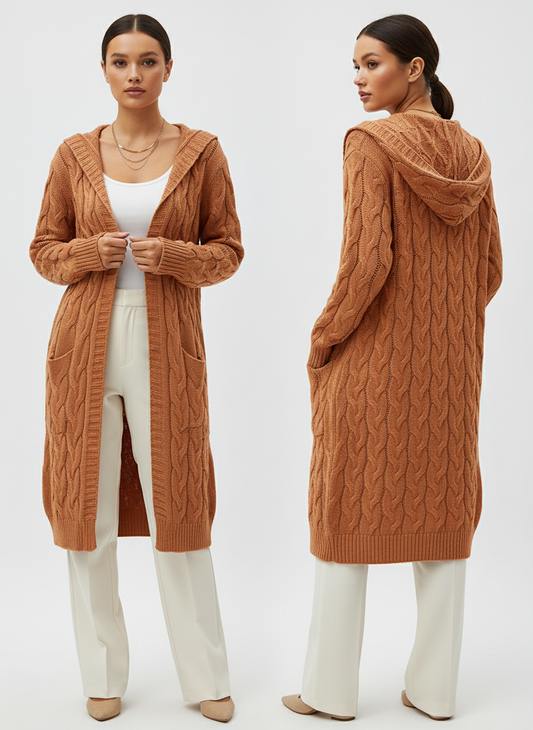 Noya - Lange Gebreide Dames Cardigan met Capuchon en Zakjes