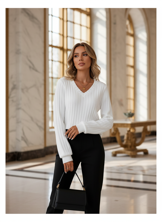 Noya - Elegante Ribgebreide V-Hals Trui